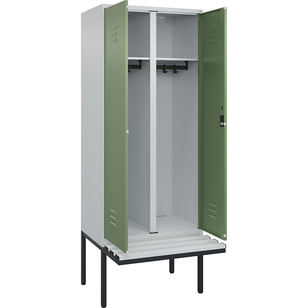 Armadietto sporco/pulito Classic PLUS con panca – C+P, 1 scomparto, grigio chiaro / verde reseda, largh. 800 mm, serratura a cilindro, panca sporgente, plastica-0