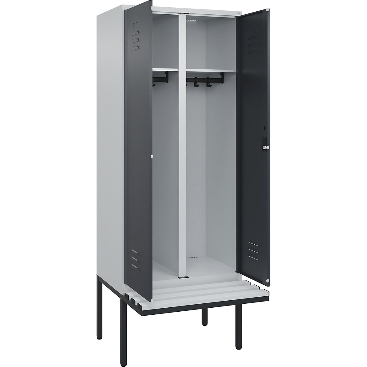Armadietto sporco/pulito Classic PLUS con panca – C+P, 1 scomparto, grigio chiaro / grigio, largh. 800 mm, serratura a cilindro, panca sporgente, plastica-0