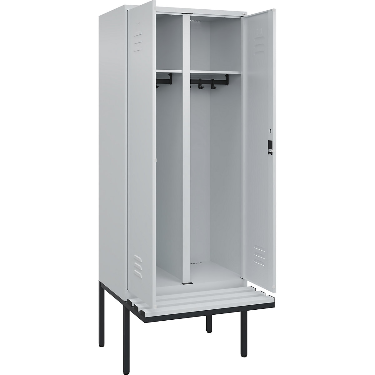 Armadietto sporco/pulito Classic PLUS con panca – C+P, 1 scomparto, grigio chiaro, largh. 800 mm, serratura a cilindro, panca sporgente, plastica-0