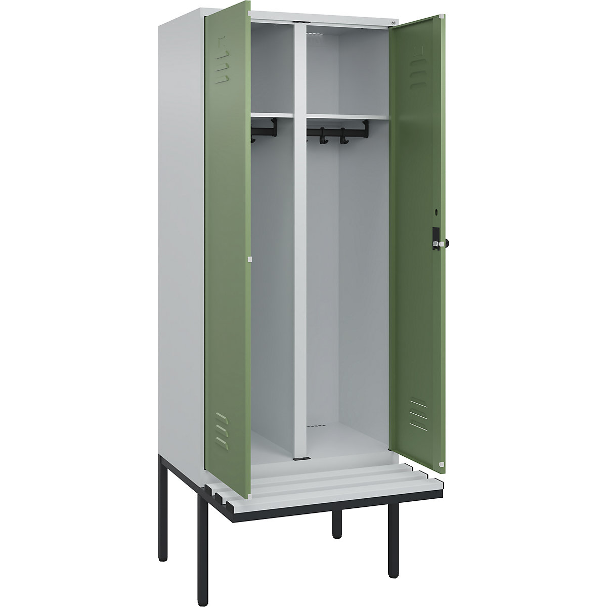 Armadietto sporco/pulito Classic PLUS con panca – C+P, 1 scomparto, grigio chiaro / verde reseda, largh. 800 mm, serratura girevole di sicurezza, panca sporgente, plastica-0