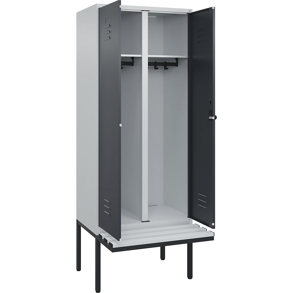Armadietto sporco/pulito Classic PLUS con panca – C+P, 1 scomparto, grigio chiaro / grigio, largh. 800 mm, serratura girevole di sicurezza, panca sporgente, plastica-0