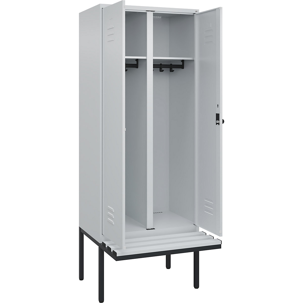 Armadietto sporco/pulito Classic PLUS con panca – C+P, 1 scomparto, grigio chiaro, largh. 800 mm, serratura girevole di sicurezza, panca sporgente, plastica-0