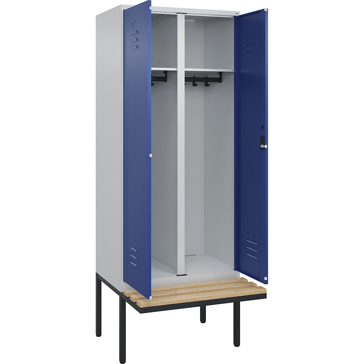 Armadietto sporco/pulito Classic PLUS con panca – C+P, 1 scomparto, grigio chiaro / blu genziana, largh. 800 mm, serratura a cilindro, panca sporgente, legno duro di faggio-0