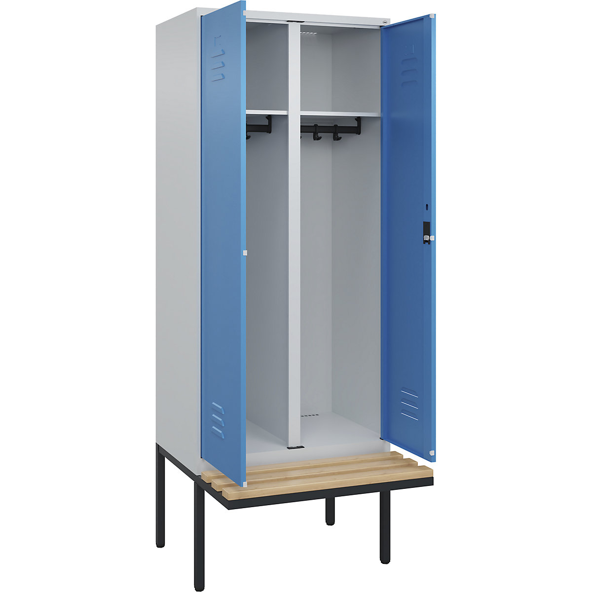 Armadietto sporco/pulito Classic PLUS con panca – C+P, 1 scomparto, grigio chiaro / blu chiaro, largh. 800 mm, serratura a cilindro, panca sporgente, legno duro di faggio-0