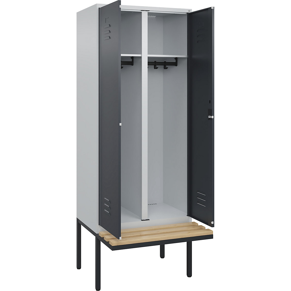 Armadietto sporco/pulito Classic PLUS con panca – C+P, 1 scomparto, grigio chiaro / grigio, largh. 800 mm, serratura a cilindro, panca sporgente, legno duro di faggio-0
