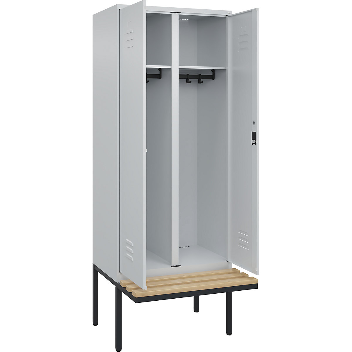 Armadietto sporco/pulito Classic PLUS con panca – C+P, 1 scomparto, grigio chiaro, largh. 800 mm, serratura a cilindro, panca sporgente, legno duro di faggio-0