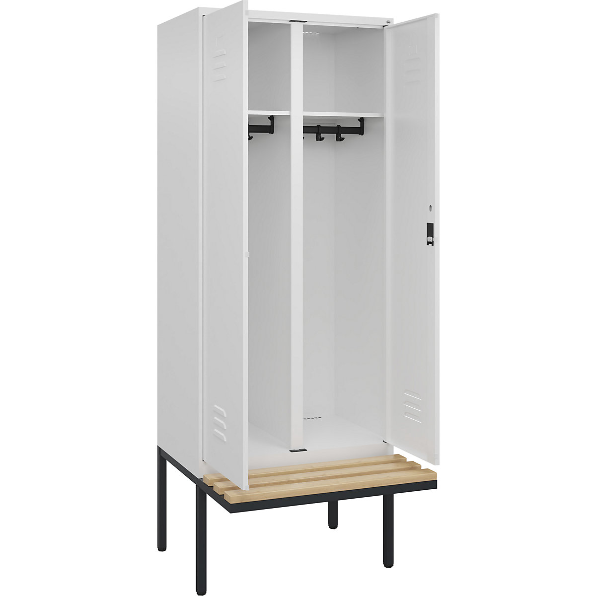 Armadietto sporco/pulito Classic PLUS con panca – C+P, 1 scomparto, bianco traffico, largh. 800 mm, serratura a cilindro, panca sporgente, legno duro di faggio-0