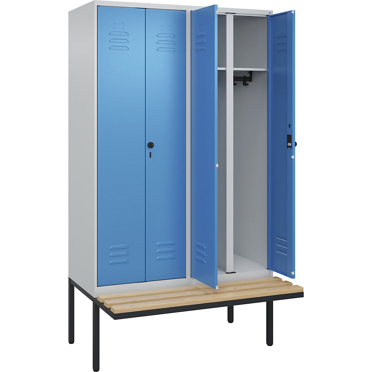Armadietto sporco/pulito Classic PLUS con panca – C+P, 2 scomparti, grigio chiaro / blu chiaro, largh. 1200 mm, serratura girevole di sicurezza, panca sporgente, legno duro di faggio-0