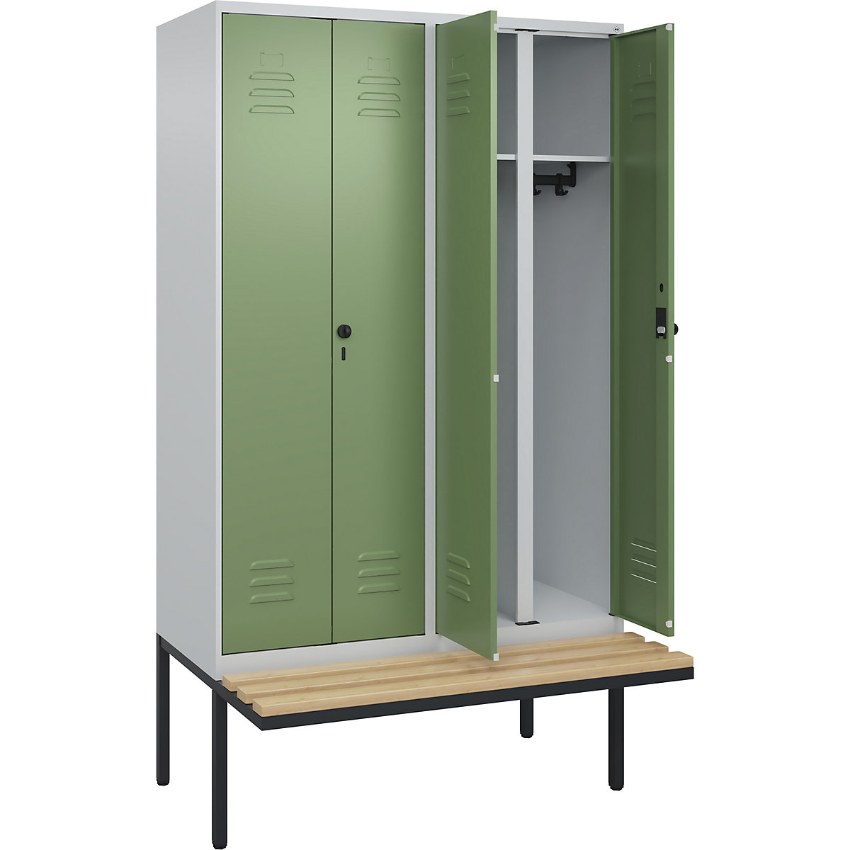 Armadietto sporco/pulito Classic PLUS con panca – C+P, 2 scomparti, grigio chiaro / verde reseda, largh. 1200 mm, serratura girevole di sicurezza, panca sporgente, legno duro di faggio-0