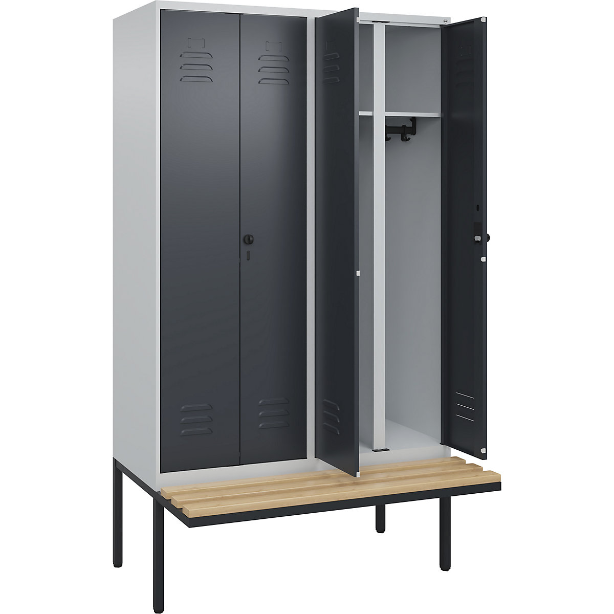 Armadietto sporco/pulito Classic PLUS con panca – C+P, 2 scomparti, grigio chiaro / grigio, largh. 1200 mm, serratura girevole di sicurezza, panca sporgente, legno duro di faggio-0