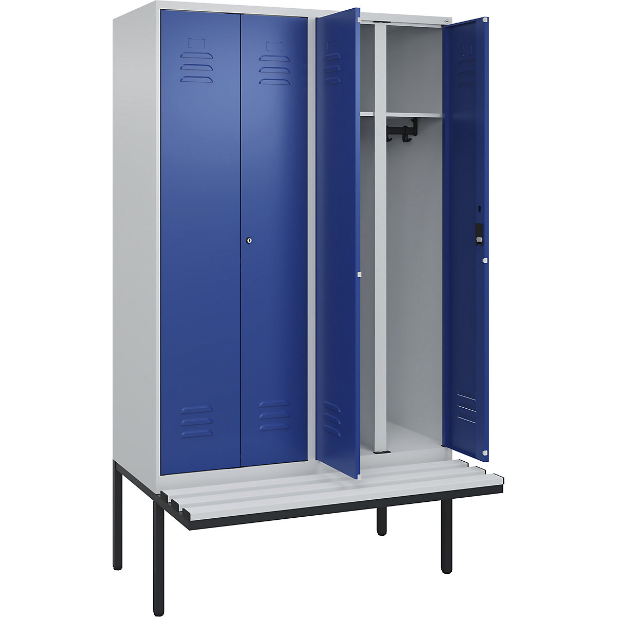 Armadietto sporco/pulito Classic PLUS con panca – C+P, 2 scomparti, grigio chiaro / blu genziana, largh. 1200 mm, serratura a cilindro, panca sporgente, plastica-0