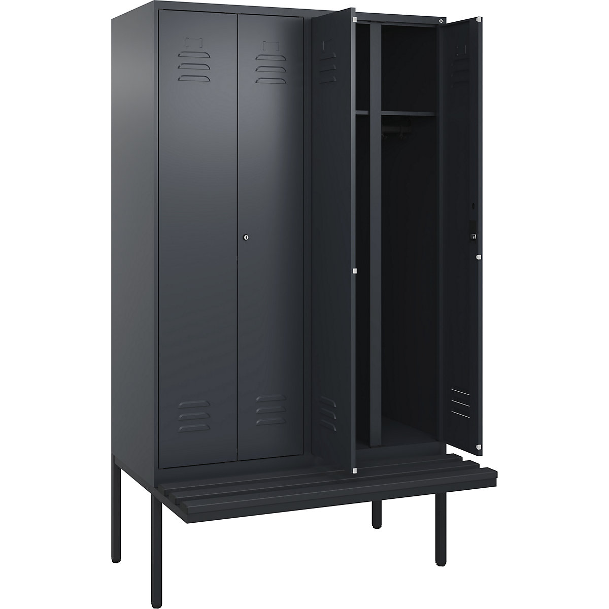 Armadietto sporco/pulito Classic PLUS con panca – C+P, 2 scomparti, grigio, largh. 1200 mm, serratura a cilindro, panca sporgente, plastica-0