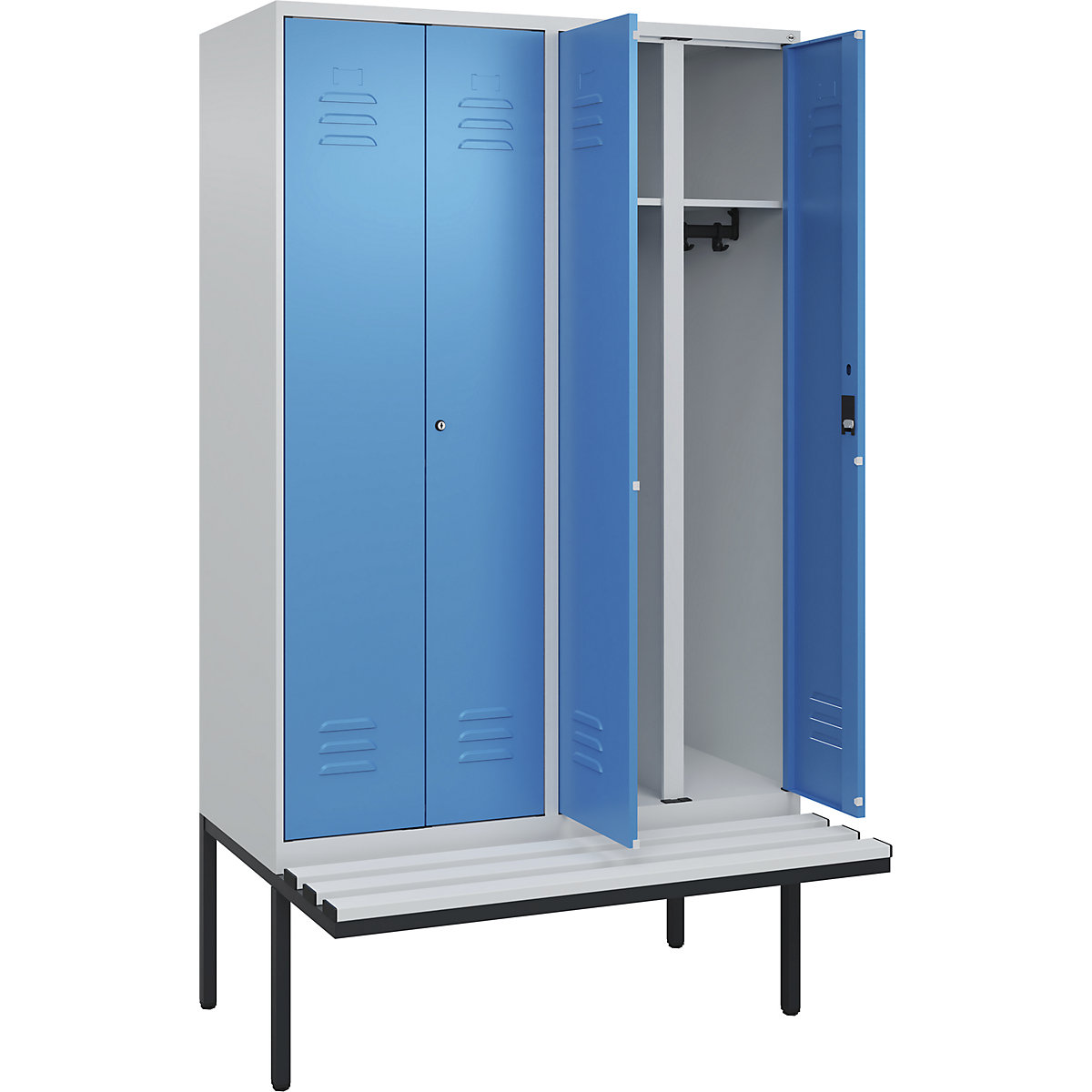 Armadietto sporco/pulito Classic PLUS con panca – C+P, 2 scomparti, grigio chiaro / blu chiaro, largh. 1200 mm, serratura a cilindro, panca sporgente, plastica-0