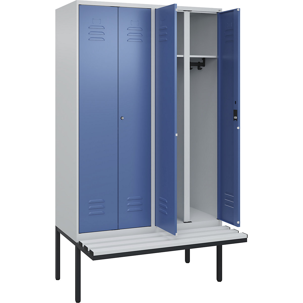 Armadietto sporco/pulito Classic PLUS con panca – C+P, 2 scomparti, grigio chiaro / indaco, largh. 1200 mm, serratura a cilindro, panca sporgente, plastica-0