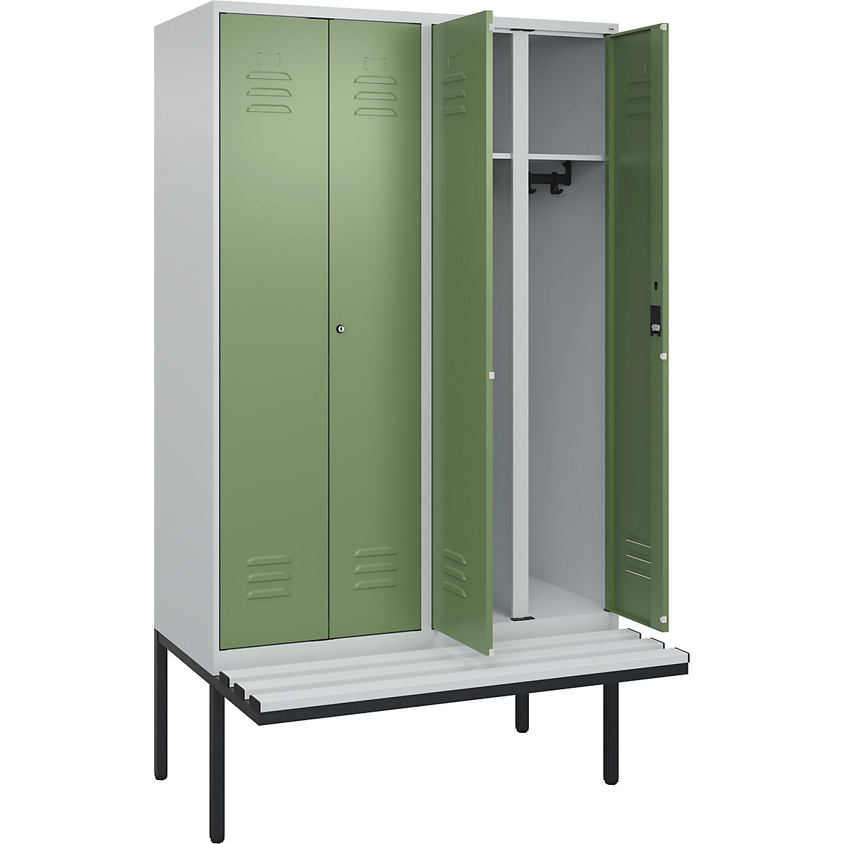 Armadietto sporco/pulito Classic PLUS con panca – C+P, 2 scomparti, grigio chiaro / verde reseda, largh. 1200 mm, serratura a cilindro, panca sporgente, plastica-0