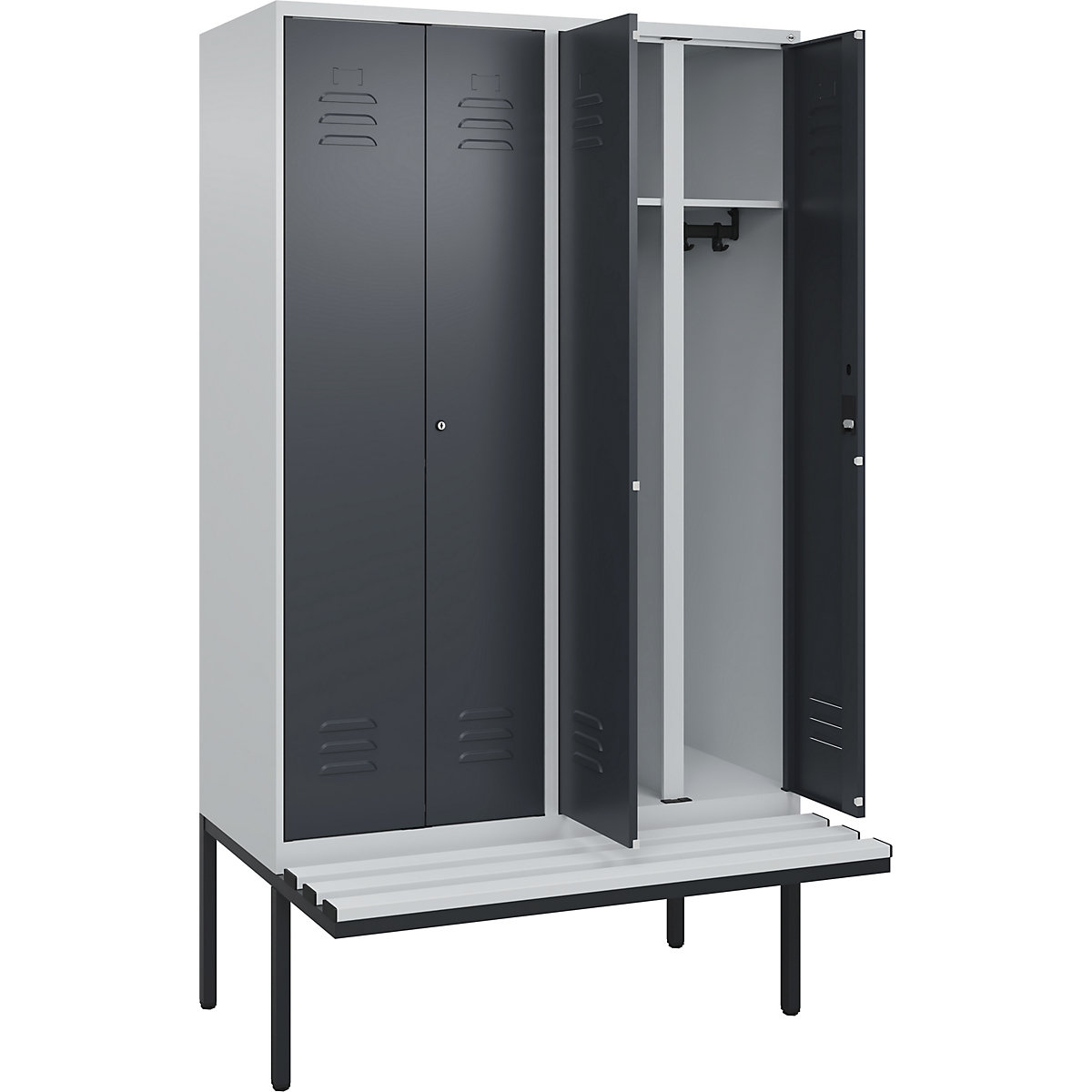 Armadietto sporco/pulito Classic PLUS con panca – C+P, 2 scomparti, grigio chiaro / grigio, largh. 1200 mm, serratura a cilindro, panca sporgente, plastica-0