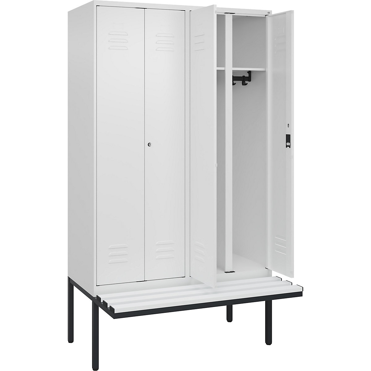 Armadietto sporco/pulito Classic PLUS con panca – C+P, 2 scomparti, bianco traffico, largh. 1200 mm, serratura a cilindro, panca sporgente, plastica-0