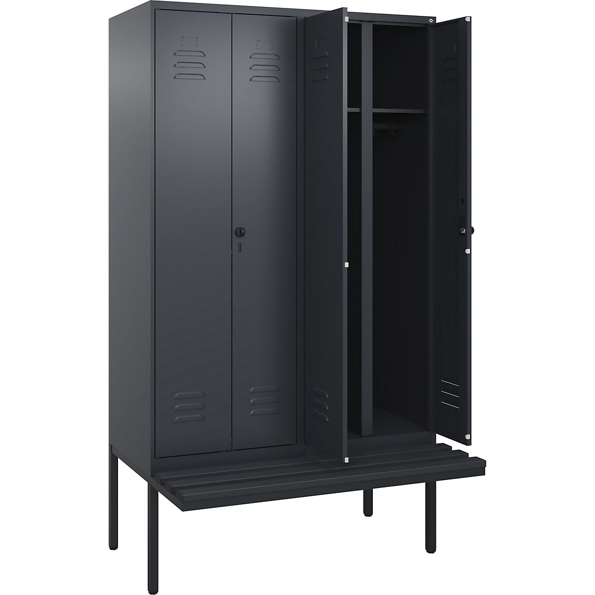 Armadietto sporco/pulito Classic PLUS con panca – C+P, 2 scomparti, grigio, largh. 1200 mm, serratura girevole di sicurezza, panca sporgente, plastica-0