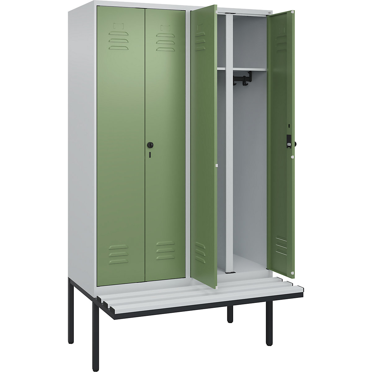 Armadietto sporco/pulito Classic PLUS con panca – C+P, 2 scomparti, grigio chiaro / verde reseda, largh. 1200 mm, serratura girevole di sicurezza, panca sporgente, plastica-0
