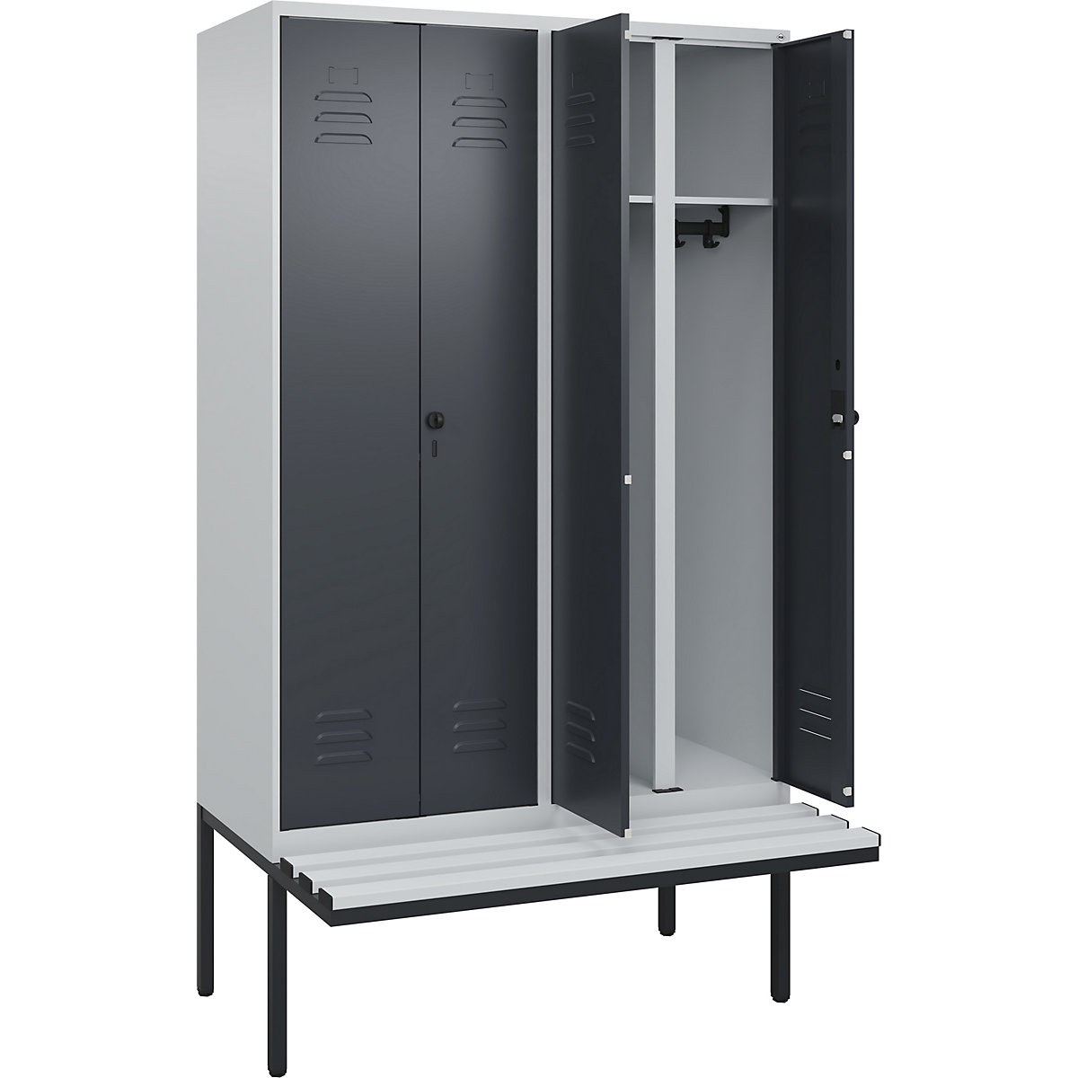 Armadietto sporco/pulito Classic PLUS con panca – C+P, 2 scomparti, grigio chiaro / grigio, largh. 1200 mm, serratura girevole di sicurezza, panca sporgente, plastica-0