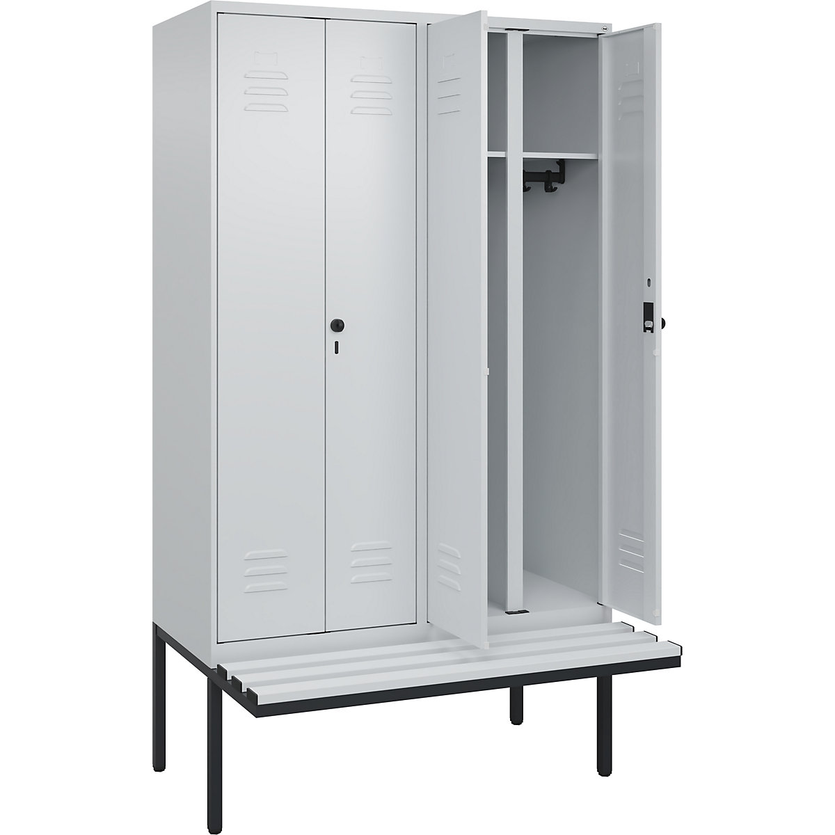 Armadietto sporco/pulito Classic PLUS con panca – C+P, 2 scomparti, grigio chiaro, largh. 1200 mm, serratura girevole di sicurezza, panca sporgente, plastica-0