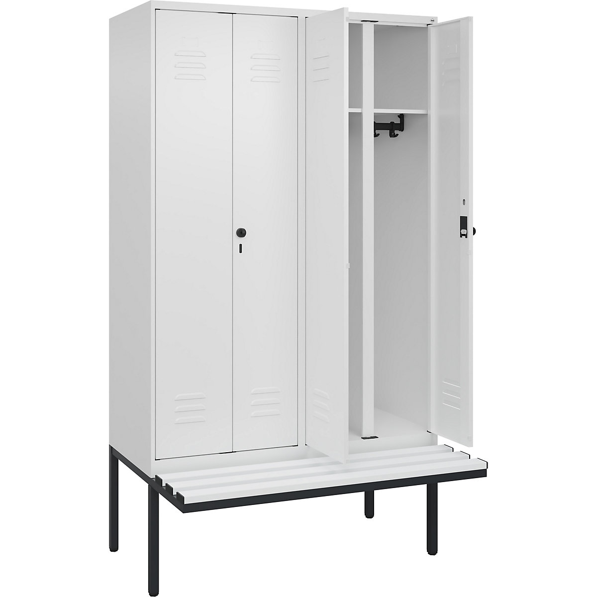 Armadietto sporco/pulito Classic PLUS con panca – C+P, 2 scomparti, bianco traffico, largh. 1200 mm, serratura girevole di sicurezza, panca sporgente, plastica-0