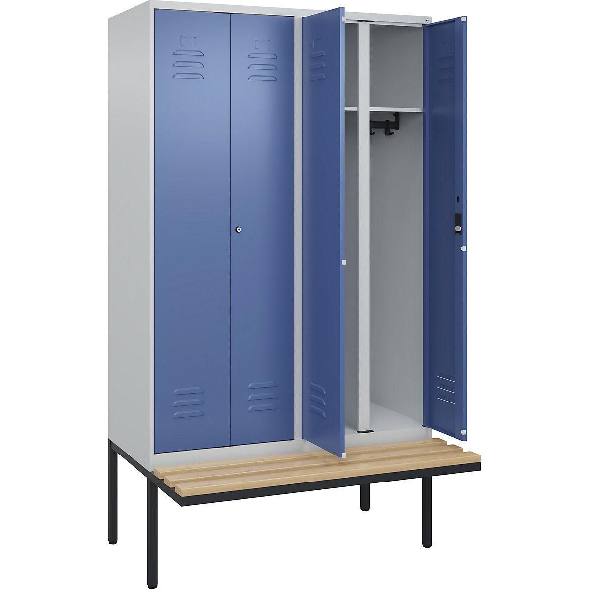 Armadietto sporco/pulito Classic PLUS con panca – C+P, 2 scomparti, grigio chiaro / indaco, largh. 1200 mm, serratura a cilindro, panca sporgente, legno duro di faggio-0