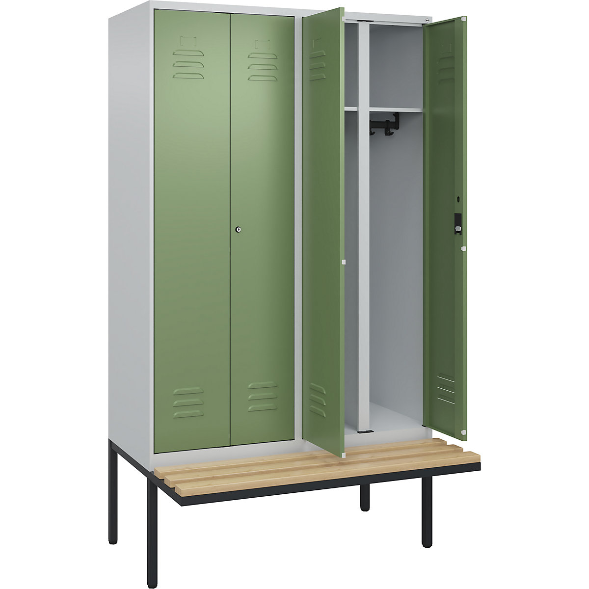 Armadietto sporco/pulito Classic PLUS con panca – C+P, 2 scomparti, grigio chiaro / verde reseda, largh. 1200 mm, serratura a cilindro, panca sporgente, legno duro di faggio-0