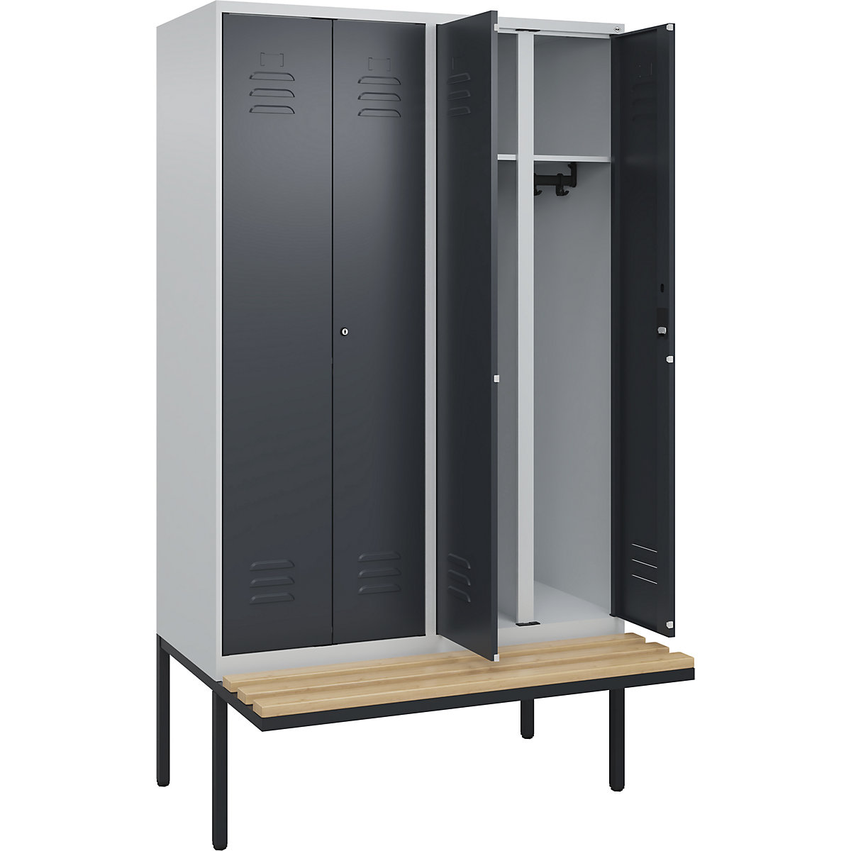 Armadietto sporco/pulito Classic PLUS con panca – C+P, 2 scomparti, grigio chiaro / grigio, largh. 1200 mm, serratura a cilindro, panca sporgente, legno duro di faggio-0