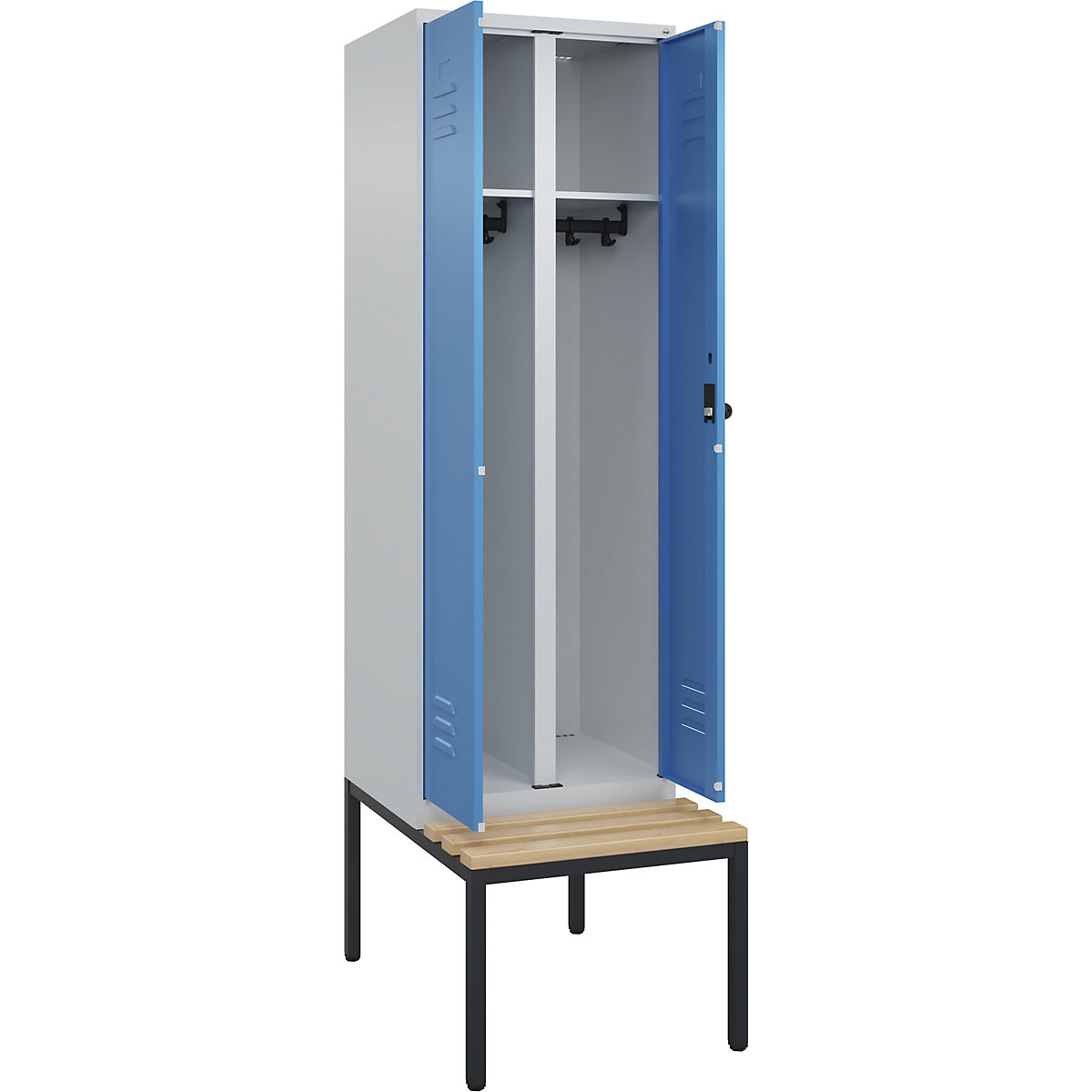 Armadietto sporco/pulito Classic PLUS con panca – C+P, 1 scomparto, grigio chiaro / blu chiaro, largh. 600 mm, serratura girevole di sicurezza, panca integrata, legno duro di faggio-0