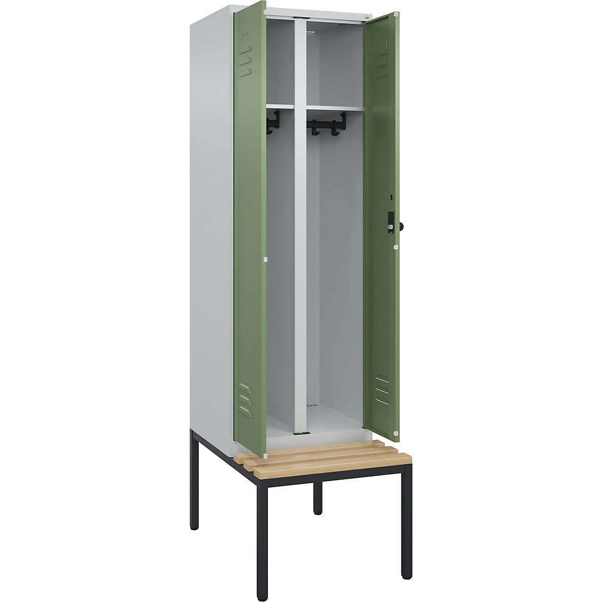 Armadietto sporco/pulito Classic PLUS con panca – C+P, 1 scomparto, grigio chiaro / verde reseda, largh. 600 mm, serratura girevole di sicurezza, panca integrata, legno duro di faggio-0