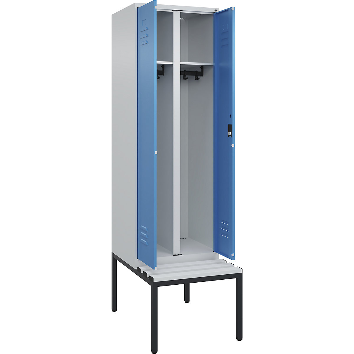 Armadietto sporco/pulito Classic PLUS con panca – C+P, 1 scomparto, grigio chiaro / blu chiaro, largh. 600 mm, serratura a cilindro, panca integrata, plastica-0
