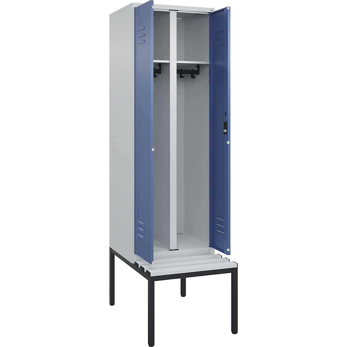 Armadietto sporco/pulito Classic PLUS con panca – C+P, 1 scomparto, grigio chiaro / indaco, largh. 600 mm, serratura a cilindro, panca integrata, plastica-0