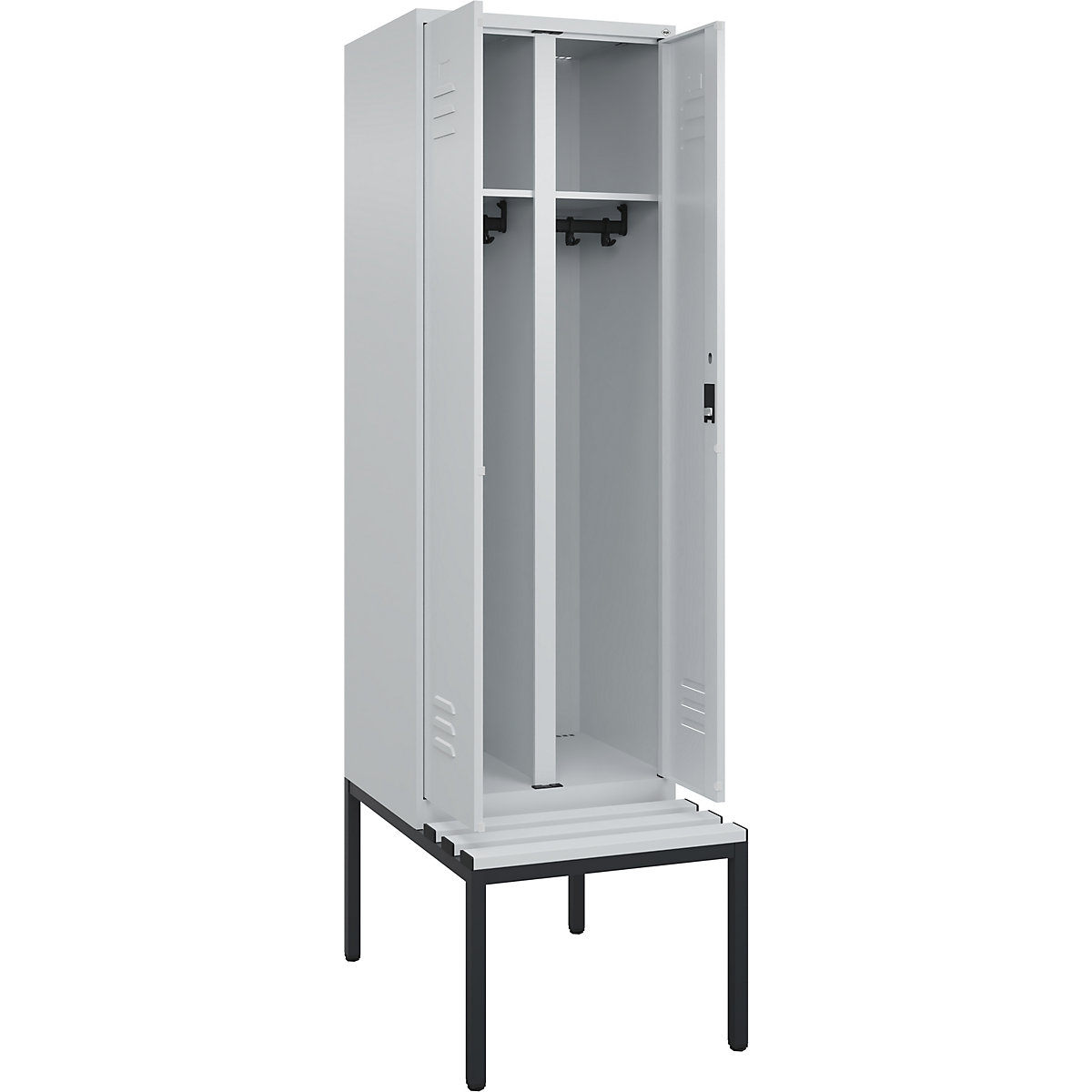 Armadietto sporco/pulito Classic PLUS con panca – C+P, 1 scomparto, grigio chiaro, largh. 600 mm, serratura a cilindro, panca integrata, plastica-0