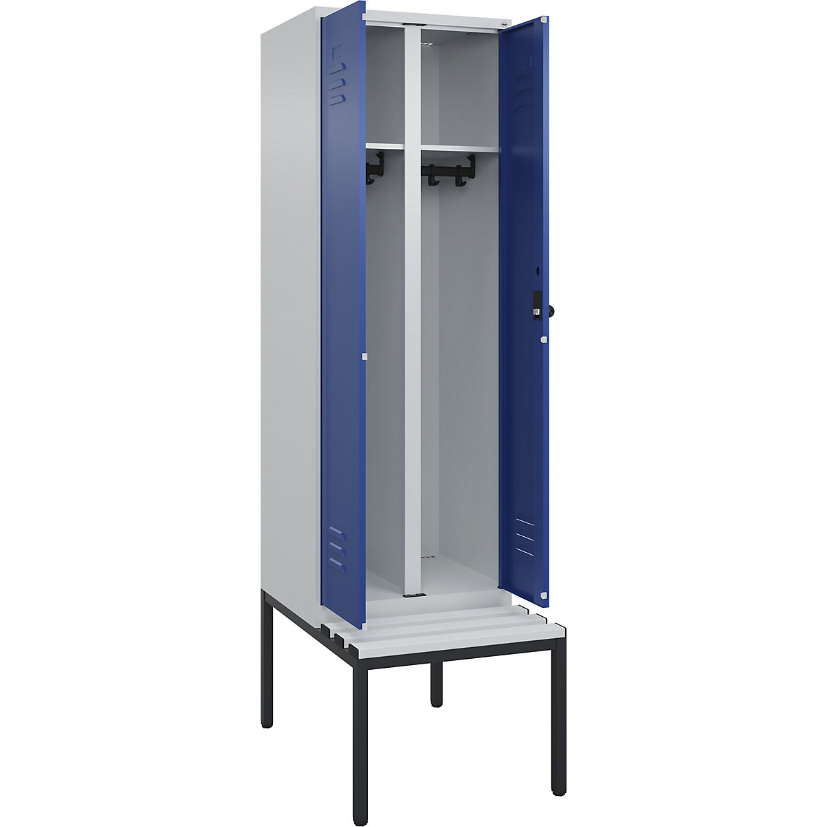 Armadietto sporco/pulito Classic PLUS con panca – C+P, 1 scomparto, grigio chiaro / blu genziana, largh. 600 mm, serratura girevole di sicurezza, panca integrata, plastica-0