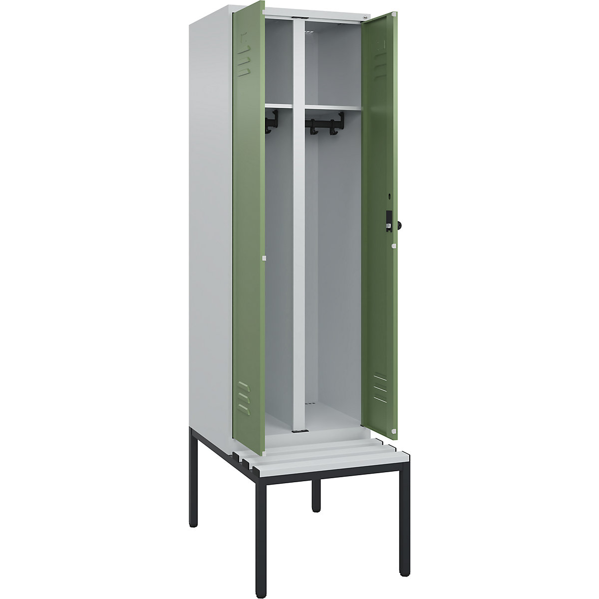 Armadietto sporco/pulito Classic PLUS con panca – C+P, 1 scomparto, grigio chiaro / verde reseda, largh. 600 mm, serratura girevole di sicurezza, panca integrata, plastica-0