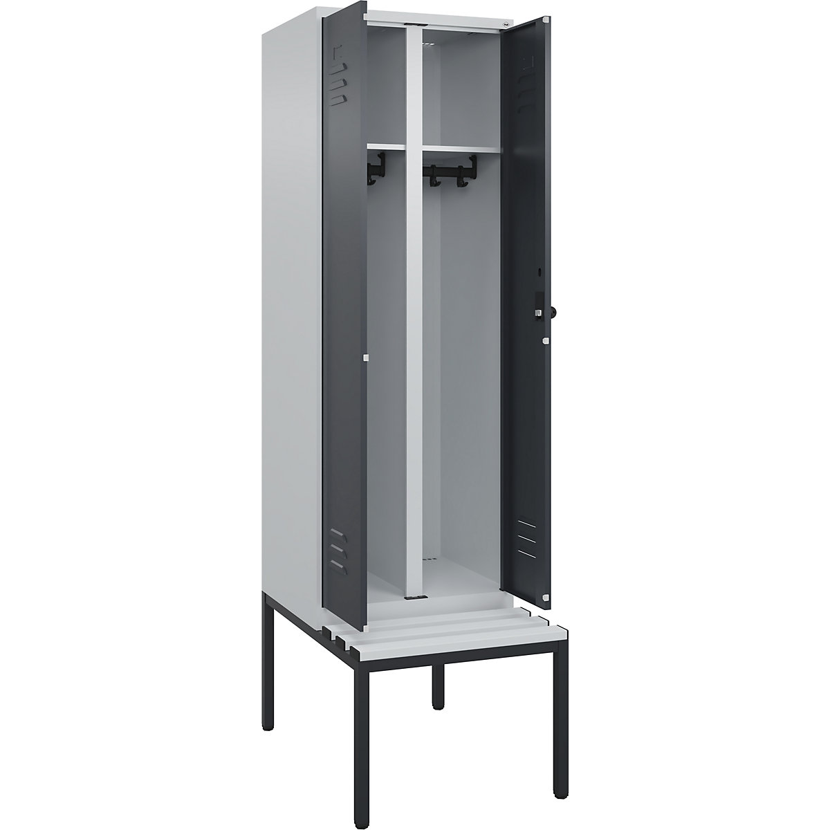 Armadietto sporco/pulito Classic PLUS con panca – C+P, 1 scomparto, grigio chiaro / grigio, largh. 600 mm, serratura girevole di sicurezza, panca integrata, plastica-0