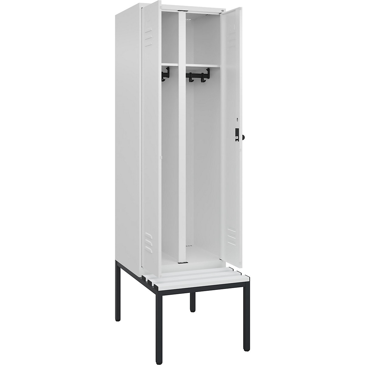 Armadietto sporco/pulito Classic PLUS con panca – C+P, 1 scomparto, bianco traffico, largh. 600 mm, serratura girevole di sicurezza, panca integrata, plastica-0