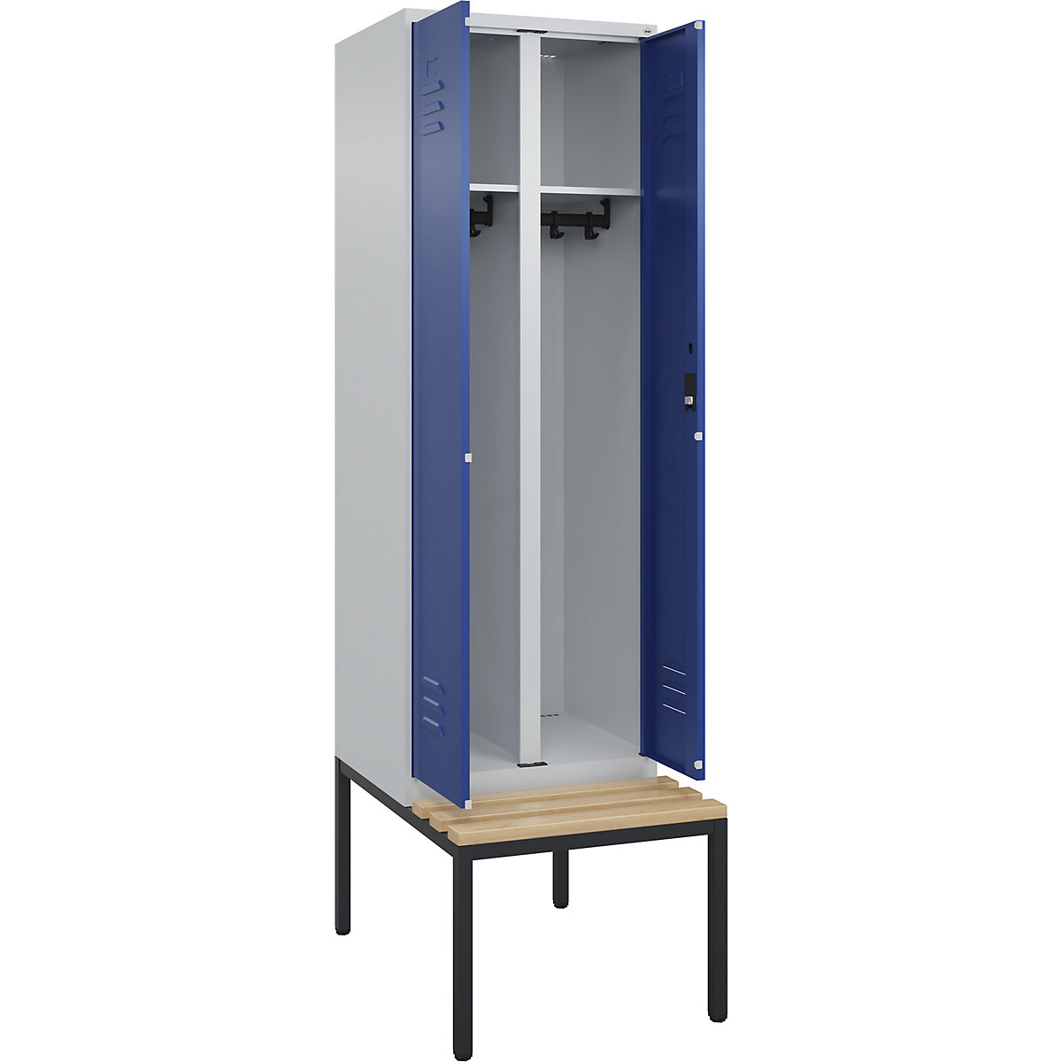 Armadietto sporco/pulito Classic PLUS con panca – C+P, 1 scomparto, grigio chiaro / blu genziana, largh. 600 mm, serratura a cilindro, panca integrata, legno duro di faggio-0
