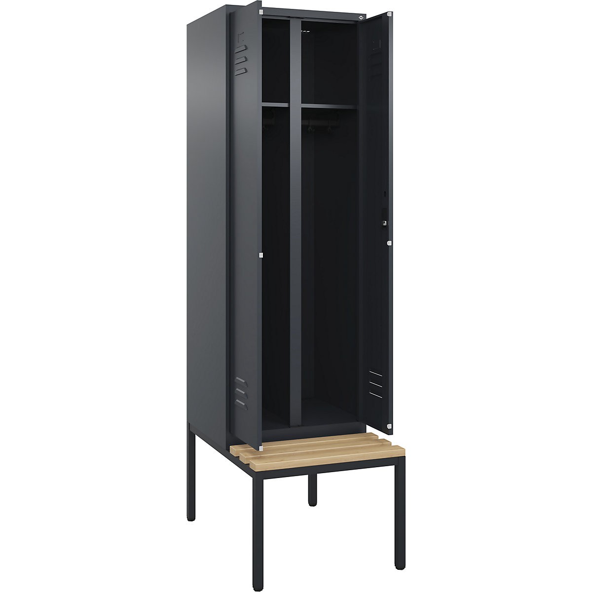 Armadietto sporco/pulito Classic PLUS con panca – C+P, 1 scomparto, grigio, largh. 600 mm, serratura a cilindro, panca integrata, legno duro di faggio-0