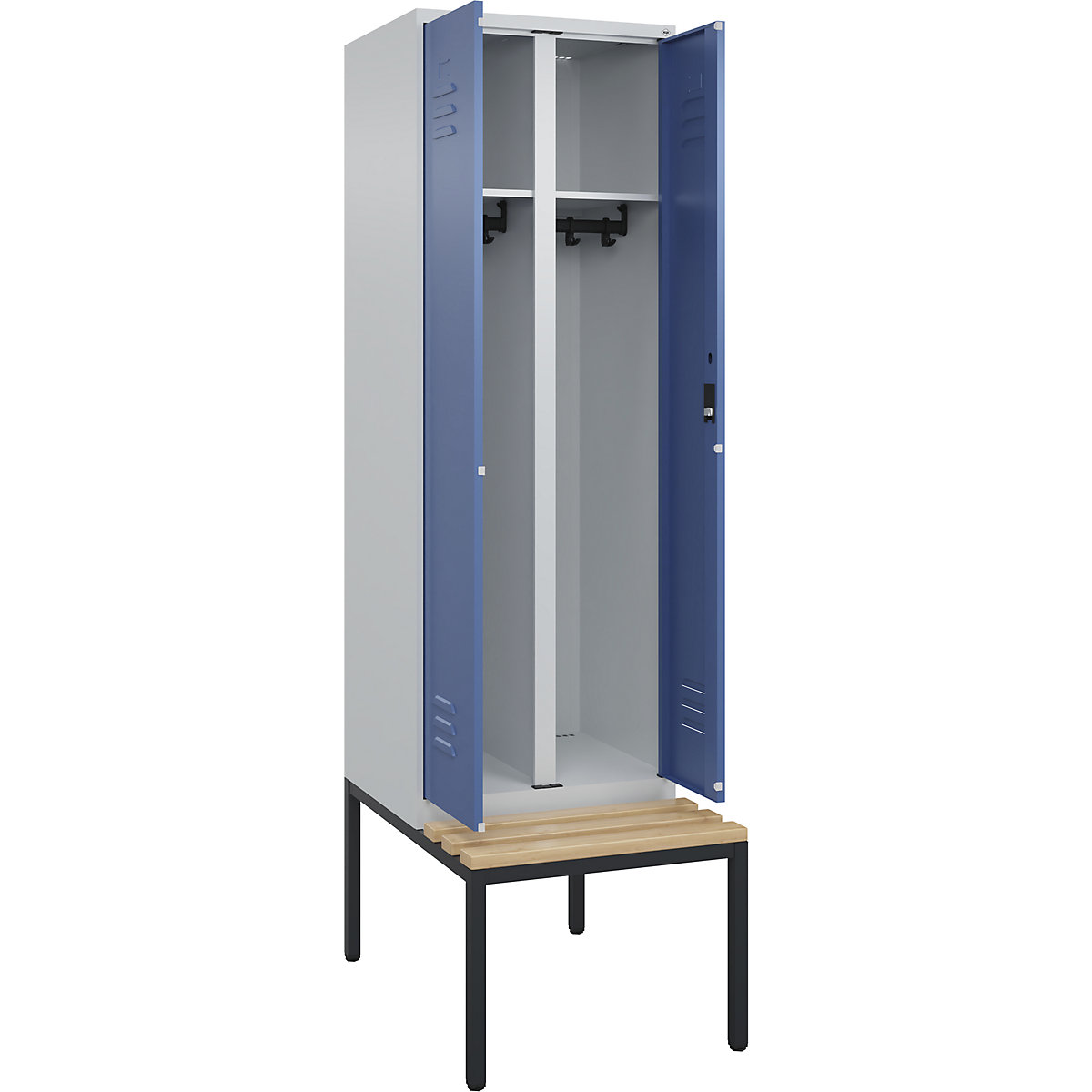 Armadietto sporco/pulito Classic PLUS con panca – C+P, 1 scomparto, grigio chiaro / indaco, largh. 600 mm, serratura a cilindro, panca integrata, legno duro di faggio-0