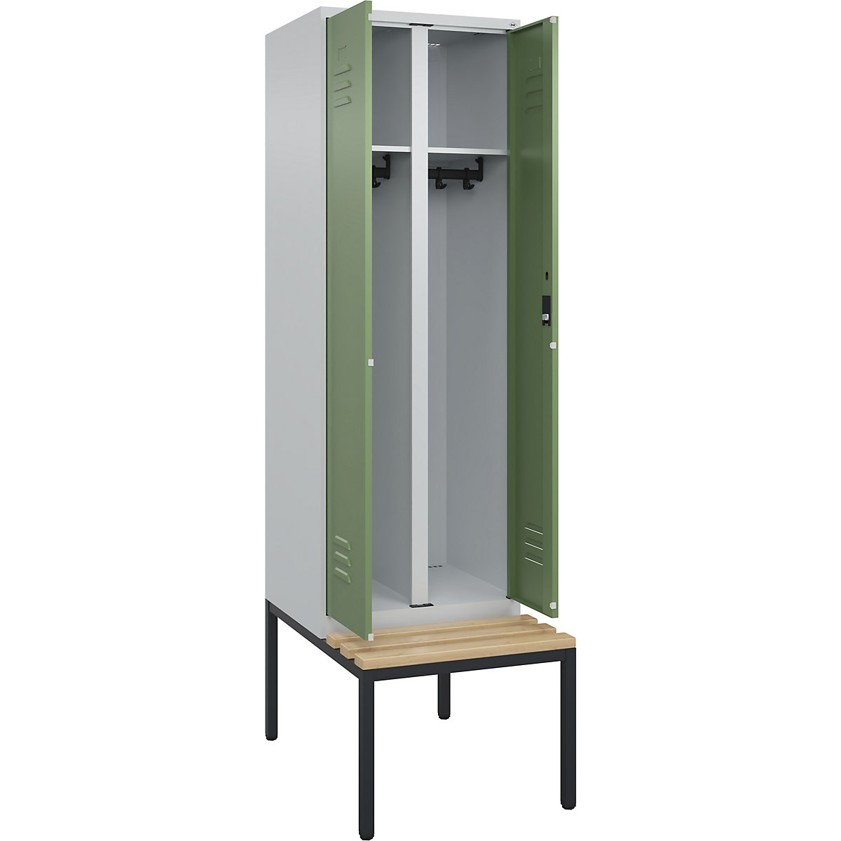 Armadietto sporco/pulito Classic PLUS con panca – C+P, 1 scomparto, grigio chiaro / verde reseda, largh. 600 mm, serratura a cilindro, panca integrata, legno duro di faggio-0