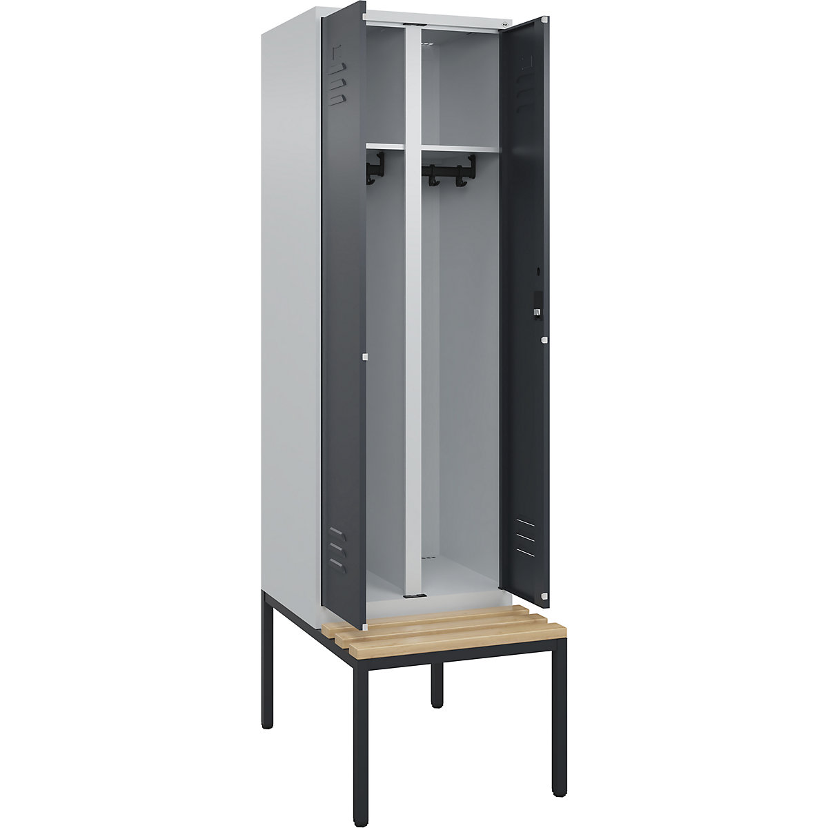 Armadietto sporco/pulito Classic PLUS con panca – C+P, 1 scomparto, grigio chiaro / grigio, largh. 600 mm, serratura a cilindro, panca integrata, legno duro di faggio-0