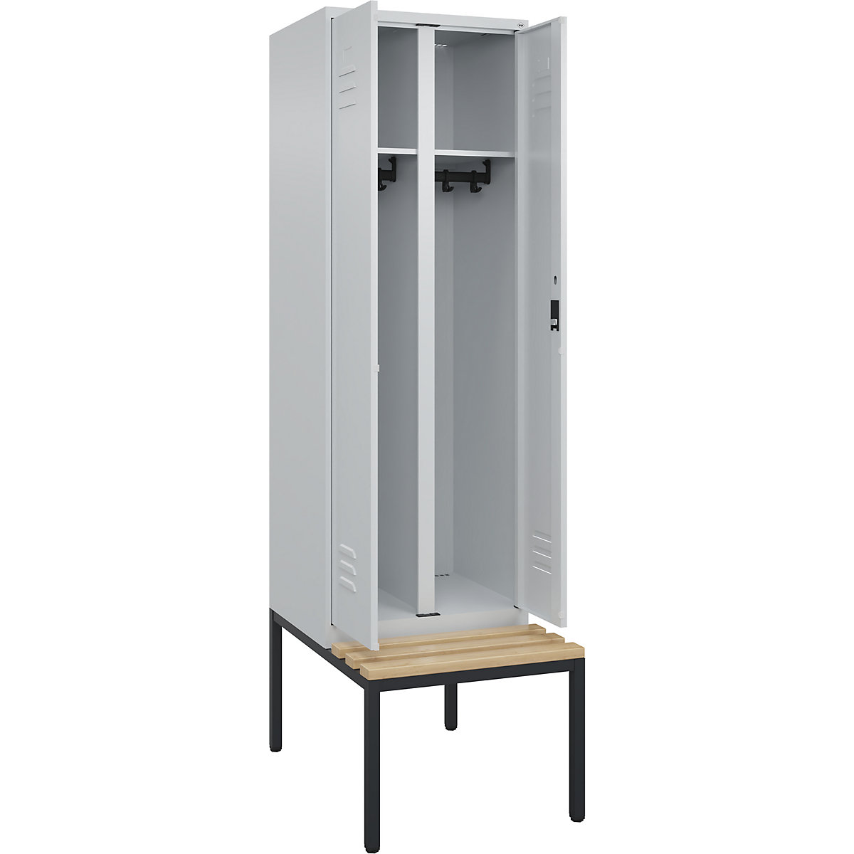 Armadietto sporco/pulito Classic PLUS con panca – C+P, 1 scomparto, grigio chiaro, largh. 600 mm, serratura a cilindro, panca integrata, legno duro di faggio-0