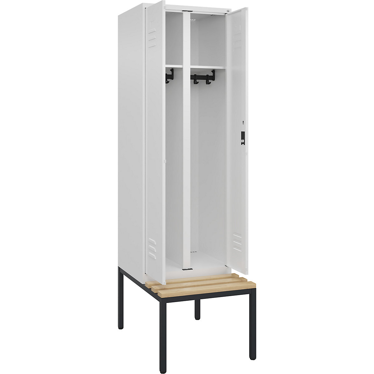 Armadietto sporco/pulito Classic PLUS con panca – C+P, 1 scomparto, bianco traffico, largh. 600 mm, serratura a cilindro, panca integrata, legno duro di faggio-0