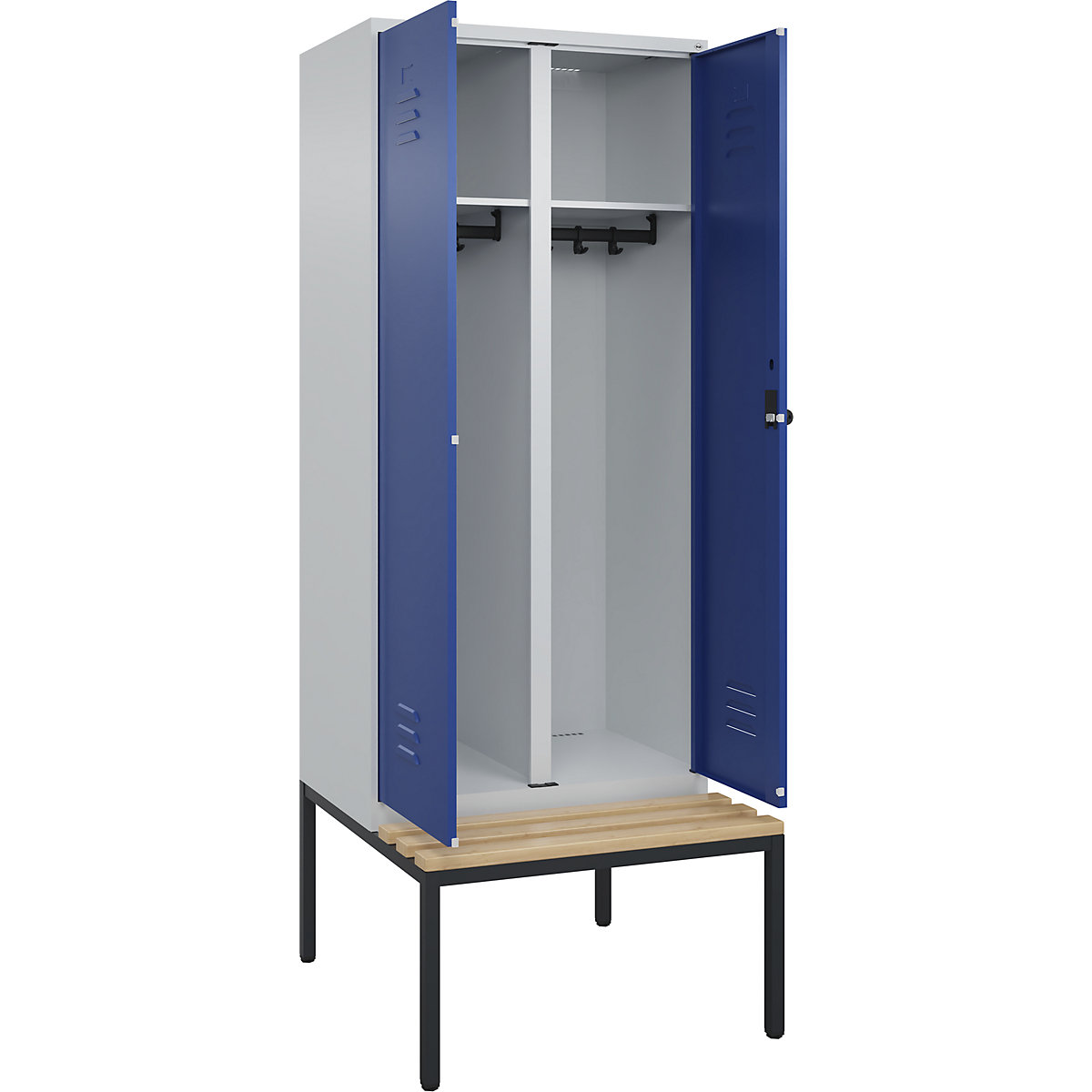 Armadietto sporco/pulito Classic PLUS con panca – C+P, 1 scomparto, grigio chiaro / blu genziana, largh. 800 mm, serratura girevole di sicurezza, panca integrata, legno duro di faggio-0