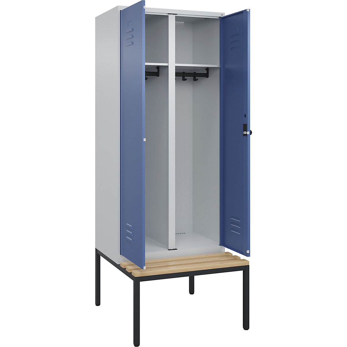 Armadietto sporco/pulito Classic PLUS con panca – C+P, 1 scomparto, grigio chiaro / indaco, largh. 800 mm, serratura girevole di sicurezza, panca integrata, legno duro di faggio-0