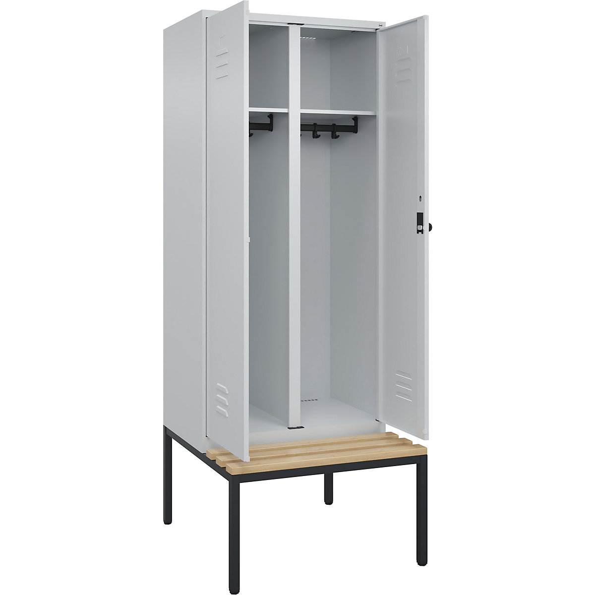 Armadietto sporco/pulito Classic PLUS con panca – C+P, 1 scomparto, grigio chiaro, largh. 800 mm, serratura girevole di sicurezza, panca integrata, legno duro di faggio-0