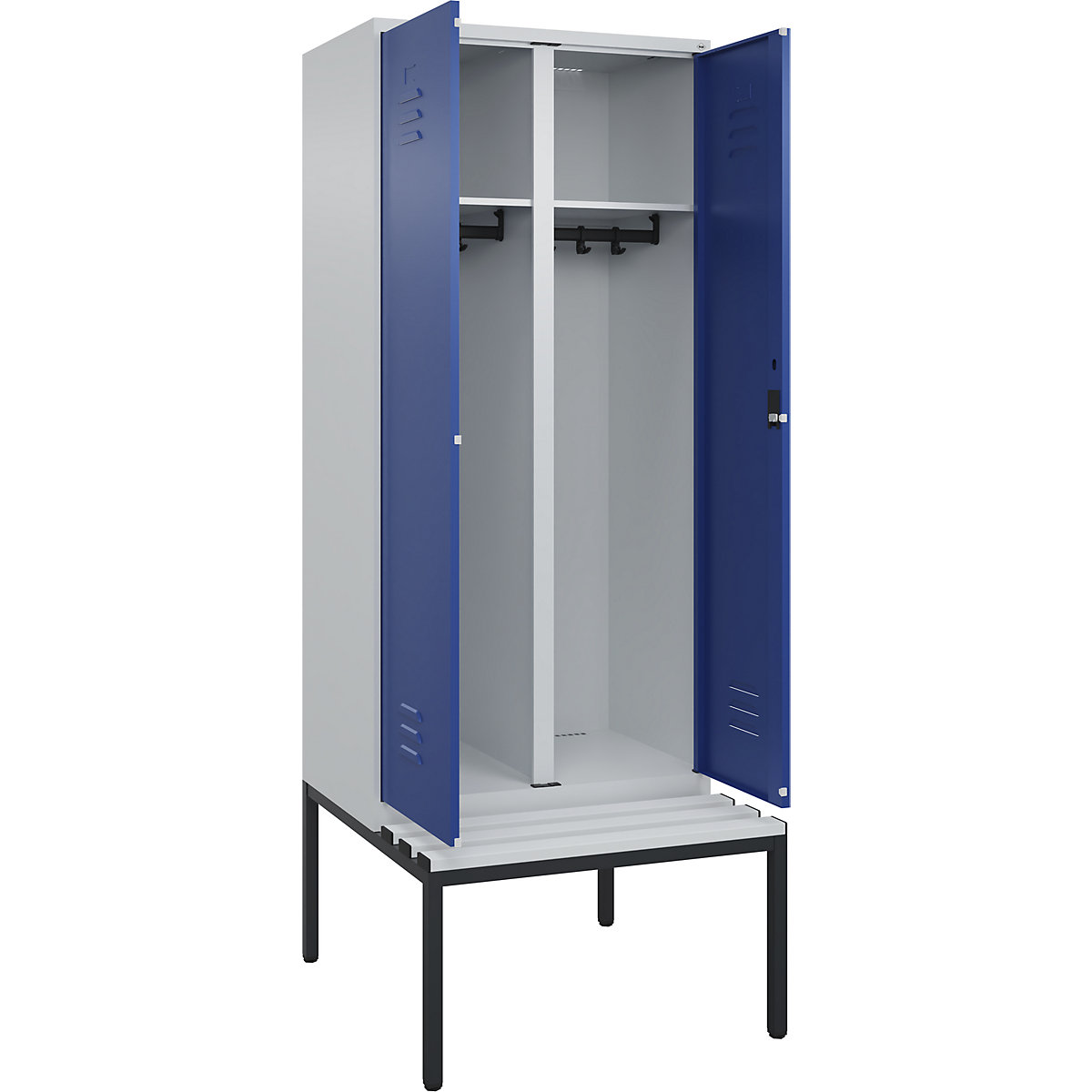 Armadietto sporco/pulito Classic PLUS con panca – C+P, 1 scomparto, grigio chiaro / blu genziana, largh. 800 mm, serratura a cilindro, panca integrata, plastica-0