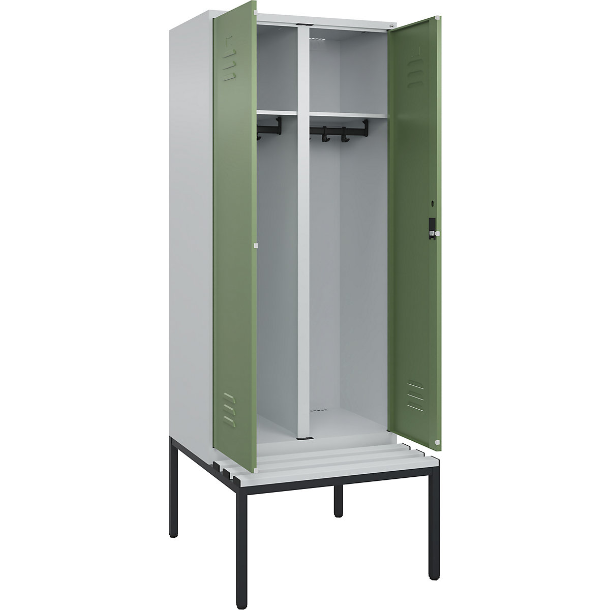 Armadietto sporco/pulito Classic PLUS con panca – C+P, 1 scomparto, grigio chiaro / verde reseda, largh. 800 mm, serratura a cilindro, panca integrata, plastica-0